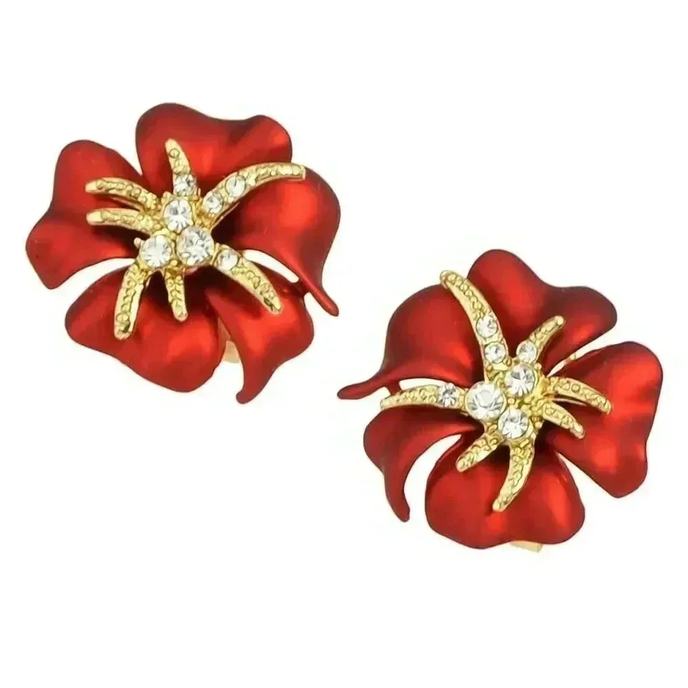 Satin Festive Red Enamel Tropical Flower Stud Earrings with Crystal Accents